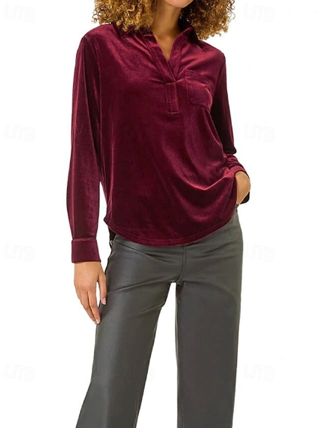 Women's Velvet Blouse Buttons Plain Vintage Stylish Long