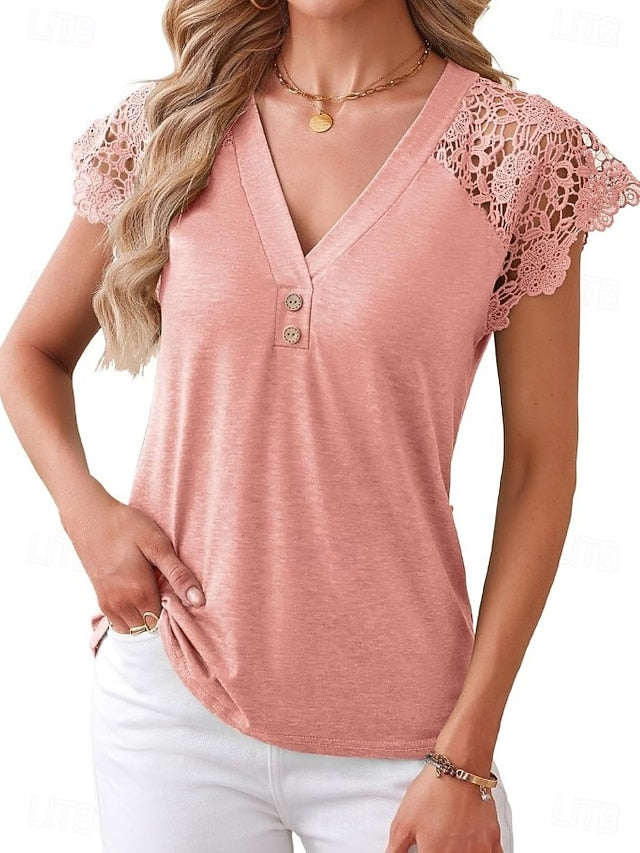 Women's Blouse Lace Tops Lace Patchwork Solid Color Elegant