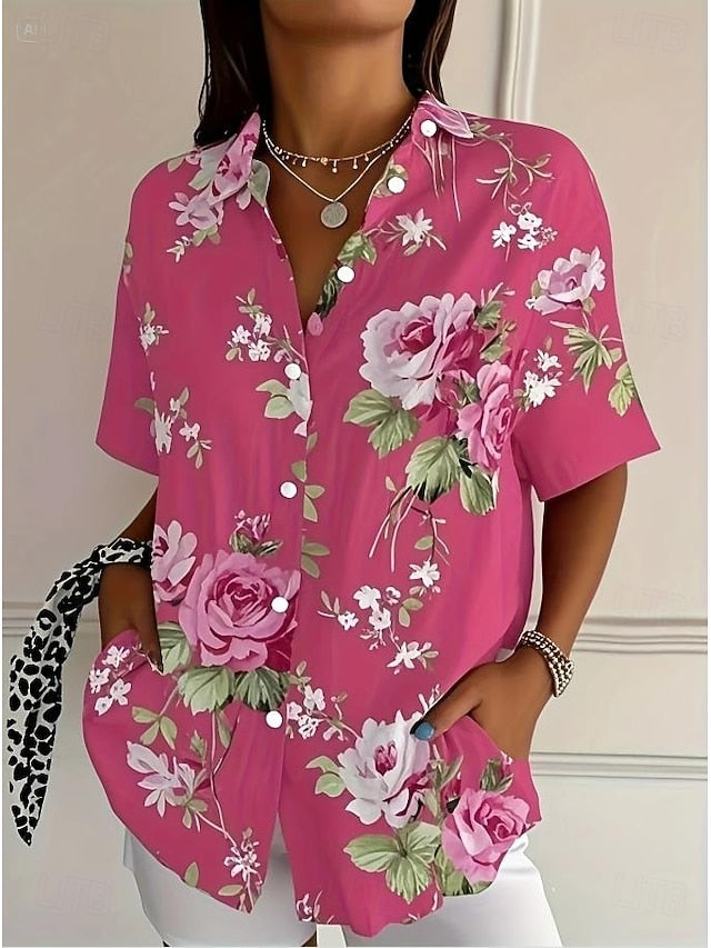 Women's Shirt Long Sleeve Button Down Blouse Floral Graphic