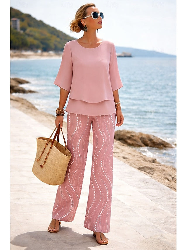 Women's Pants Sets Half Sleeve Butterfly Sleeve Round Neck