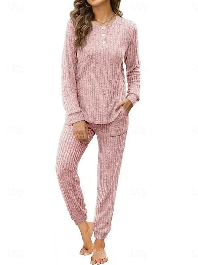 Women's Pants Sets Long Sleeve Crew Neck Solid Color