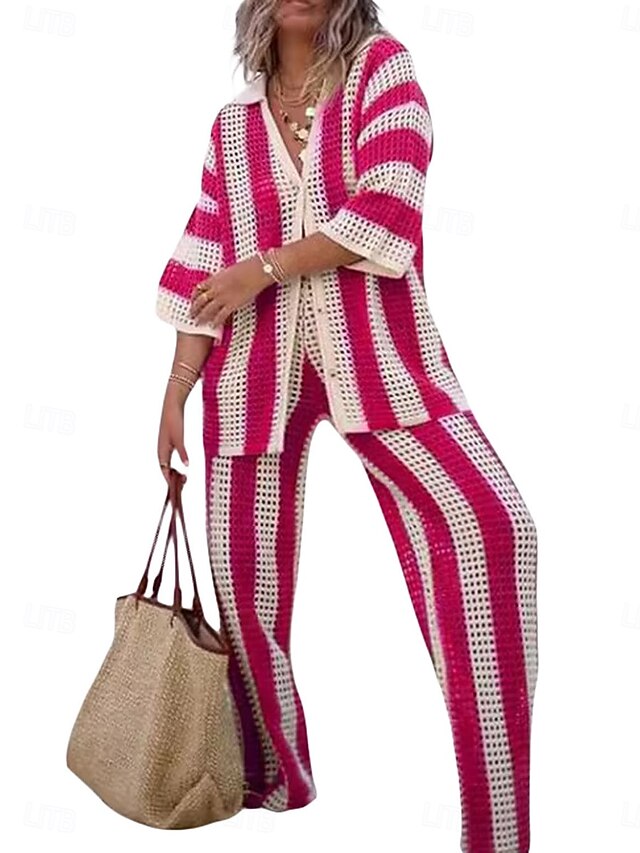 Women's Pants Sets 3/4 Length Sleeve V Neck Plain Patchwork