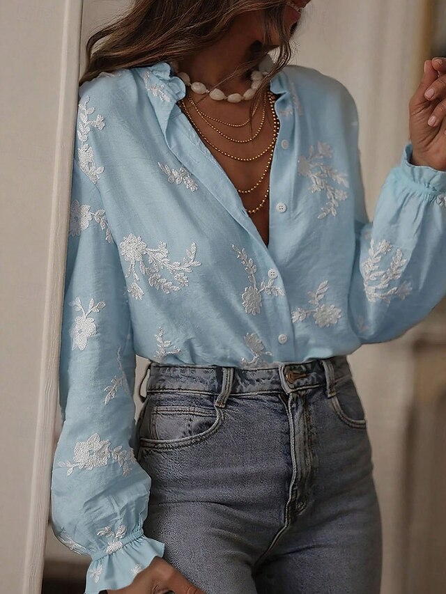Women's Blouse Embroidered Buttons Floral Stylish Casual