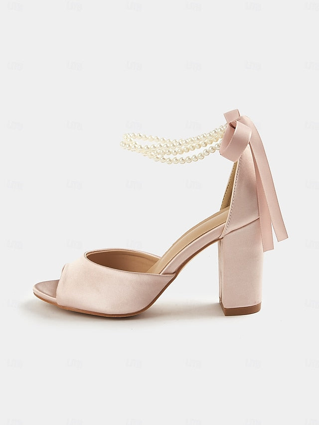 Block Ankle Peep-Toe Satin Pearl Heel Sandals Women's with