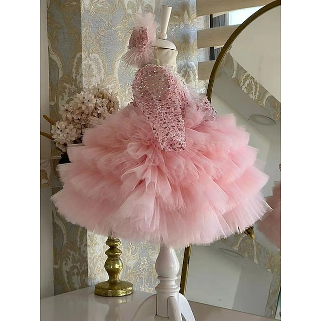Performance Dress Girls' Party Kids Long Sequin Sleeve