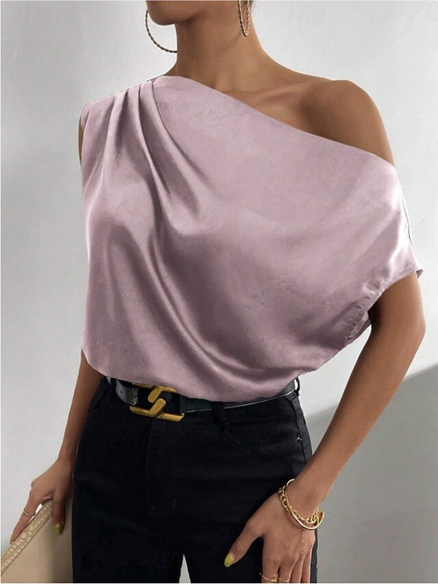 Women's Satin Tank T Shirt Tee Top Asymmetrical Plain