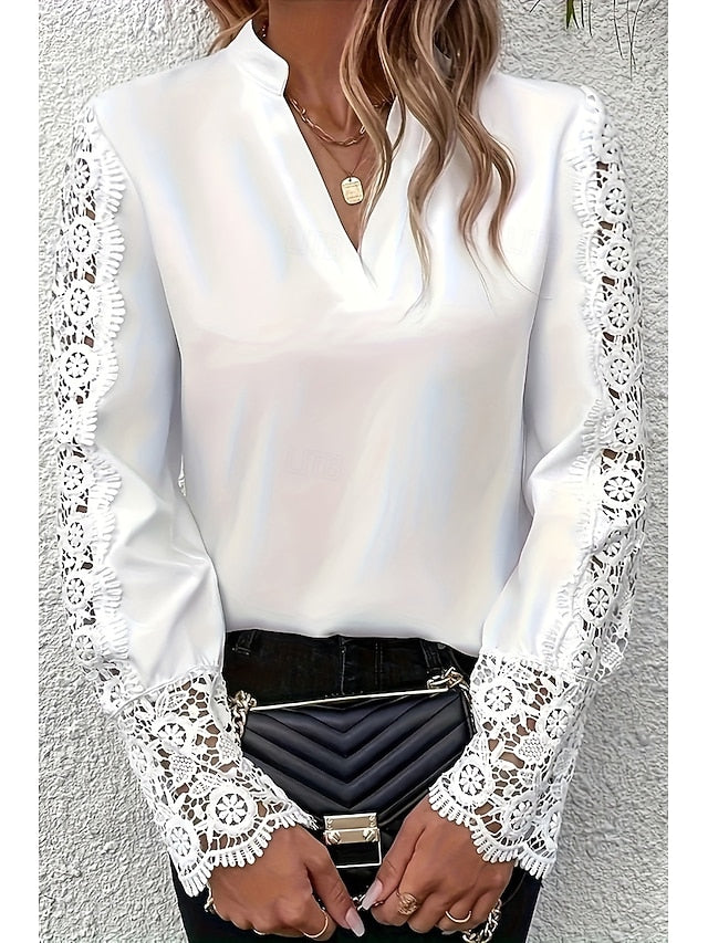 Women's Shirt Lace Plain Daily Stylish Casual Long Sleeve V
