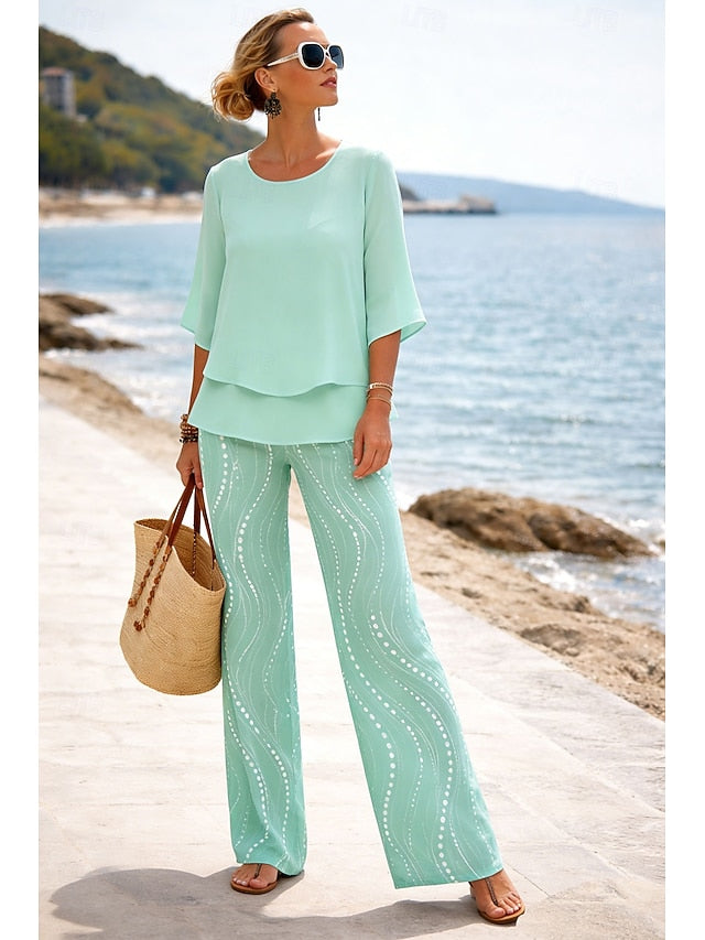 Women's Pants Sets Half Sleeve Butterfly Sleeve Round Neck