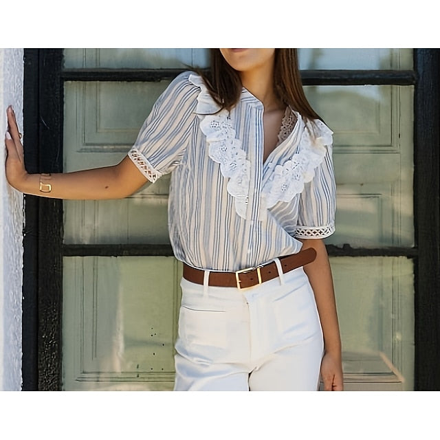 Women's Summer Shirt Button Up Shirt Blouse Lace Ruffle