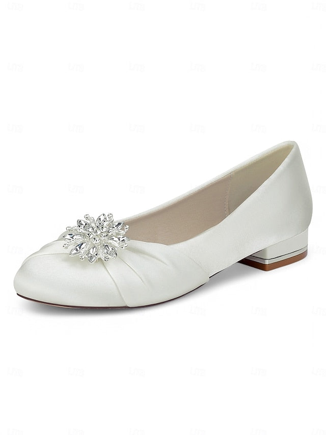 – White Satin Elegant Flats Crystal Women's Wedding