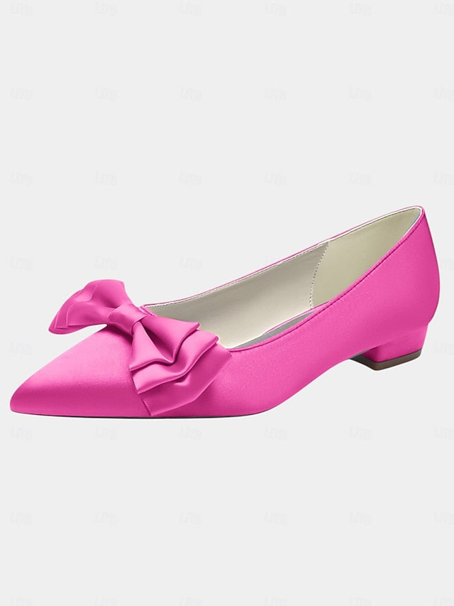 Women's Pointed Satin Bow Green - Flats Toe Elegant