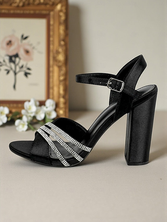 Toe Heel Block Strap Sandals Open Ankle - Black Women's