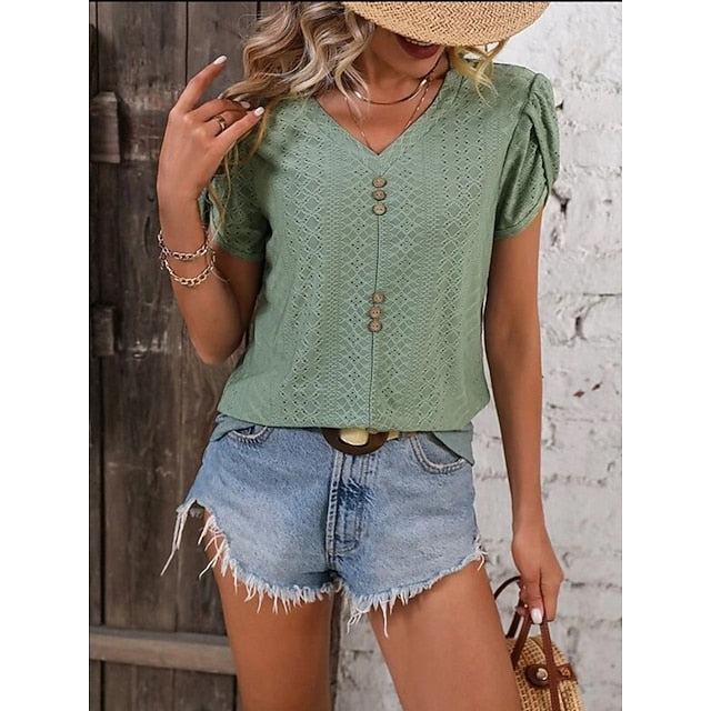 Women's T Shirt Eyelet Plain Fashion Stylish Classic Short