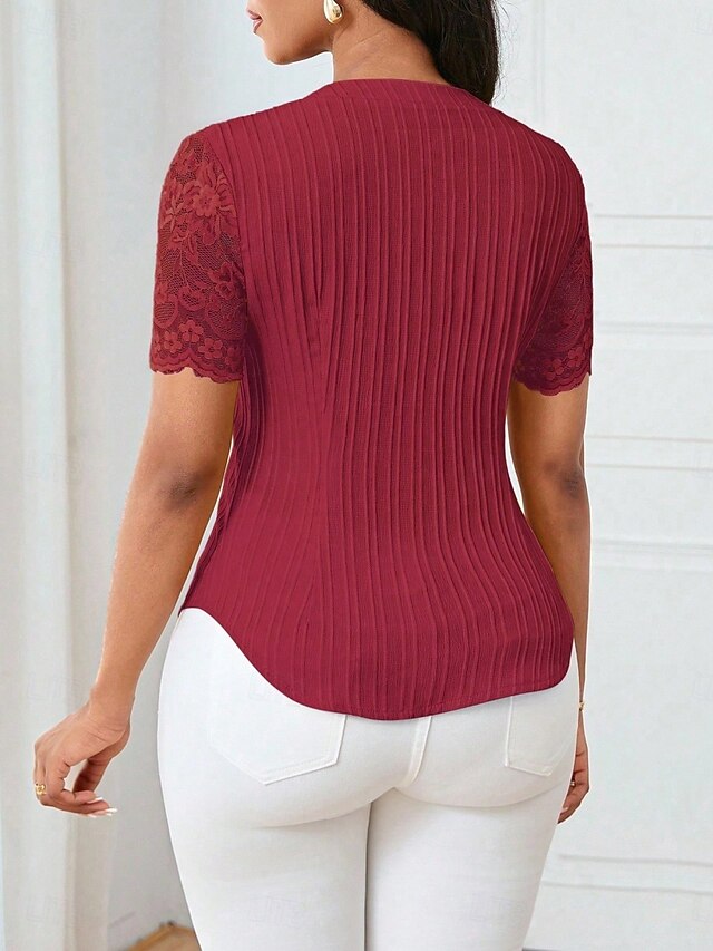 Women's T Shirt Tee Top Lace Patchwork Plain Elegant