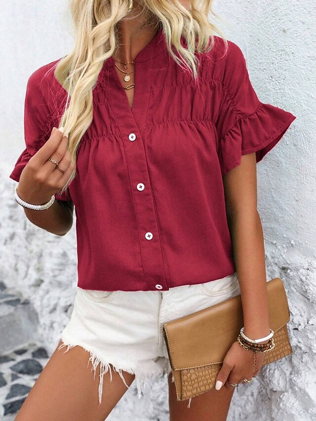 Women's Shirt Blouse Ruffle Buttons Solid Color Stylish