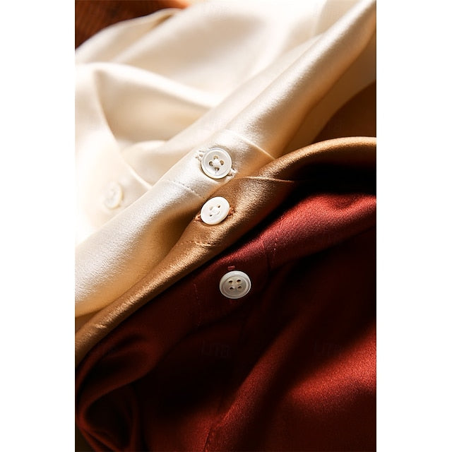 Women's Shirt Elegant Satin Top Silk Shirt Buttons Plain