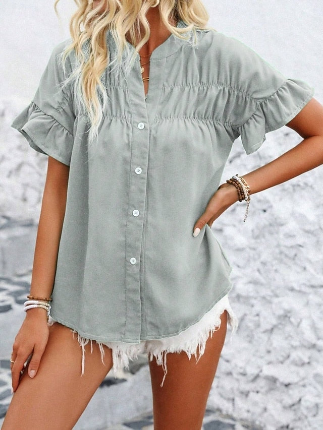 Women's Shirt Blouse Ruffle Buttons Solid Color Stylish
