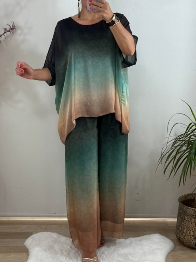 Women's Pants Sets 3/4 Length Sleeve Crew Neck Gradient