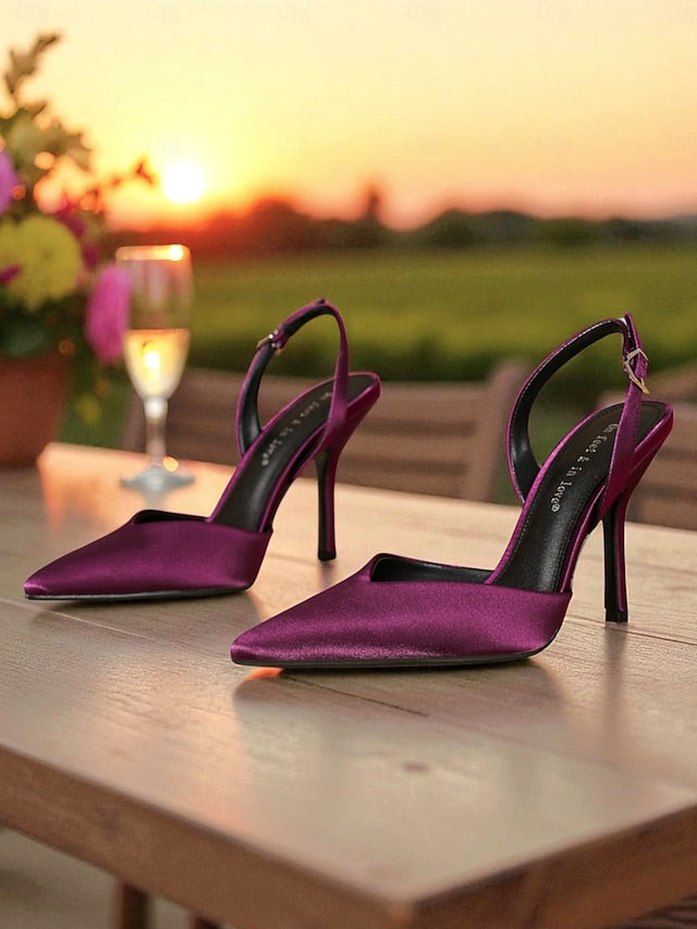 Heels Slingback Elegant - Women's Toe Pointed Satin Purple
