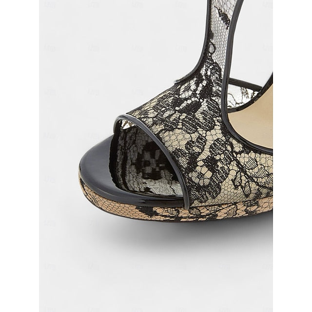 Lace Stiletto for Mesh Design Peep-Toe Black Heels with