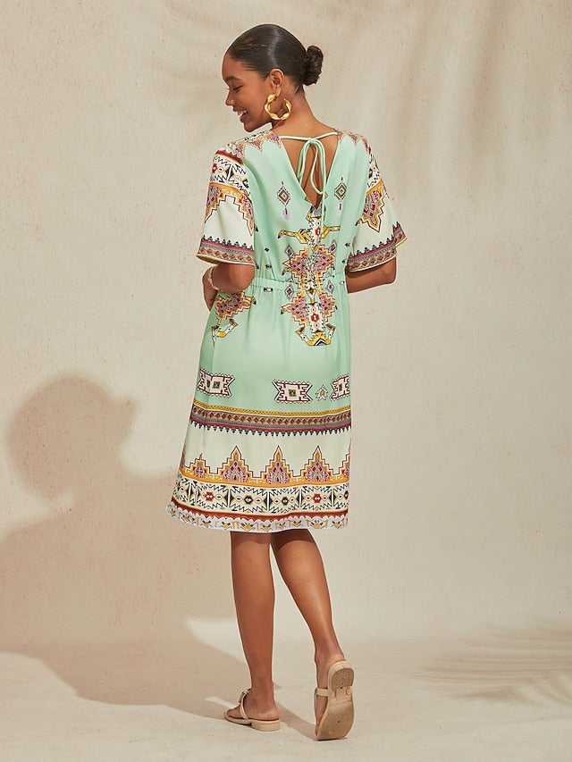 Vacation Vintage Ethnic Geometric Pattern Satin Midi Dress