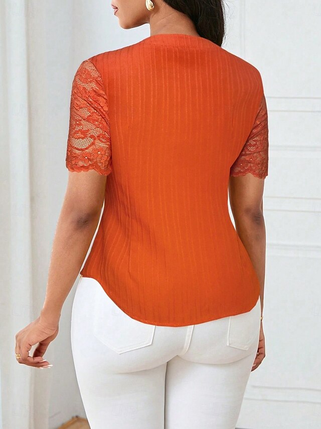 Women's T Shirt Tee Top Lace Patchwork Plain Elegant
