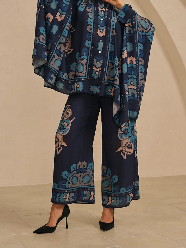 Women's Wide Leg Pants Chiffon Ethnic Floral Hawaiian Print