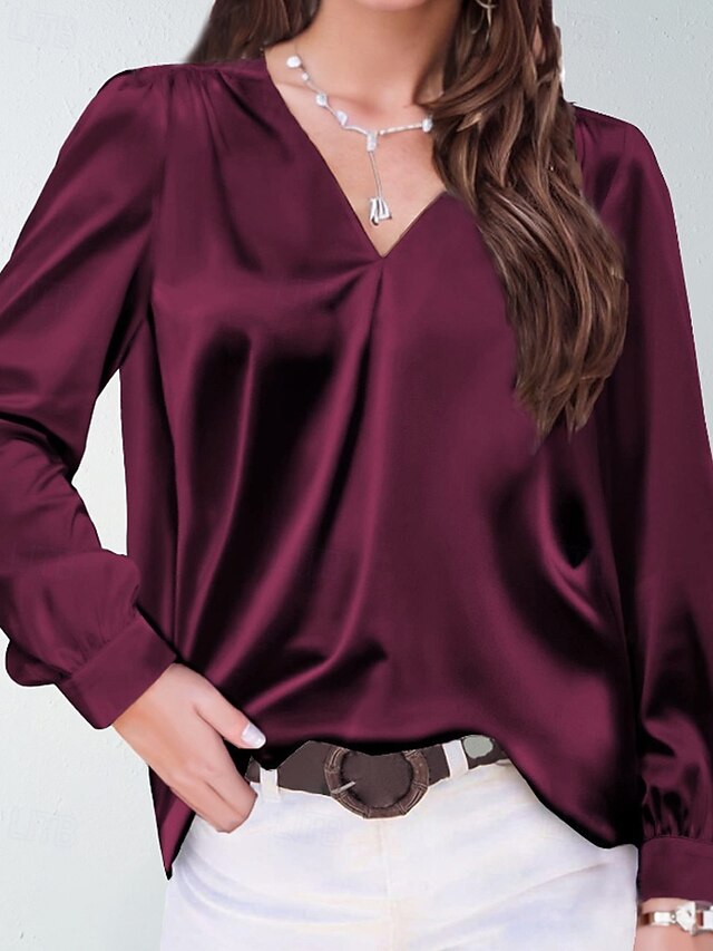 Women's Shirt Elegant Satin Top Blouse Ruched Plain Vintage
