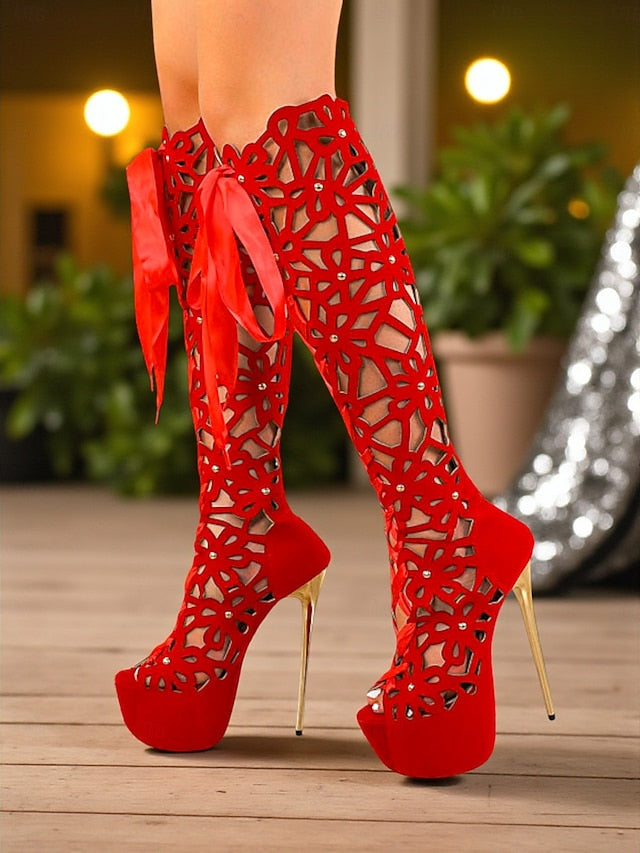 Stiletto Platform High Women's Sexy Cutout Peep Boots Knee