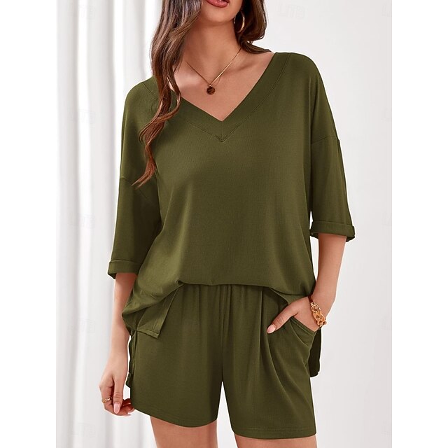 Women's Shorts Sets 3/4 Length Sleeve V Neck Solid Color
