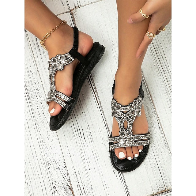 – T-Strap Women's Silver Boho Rhinestone Sandals Flat