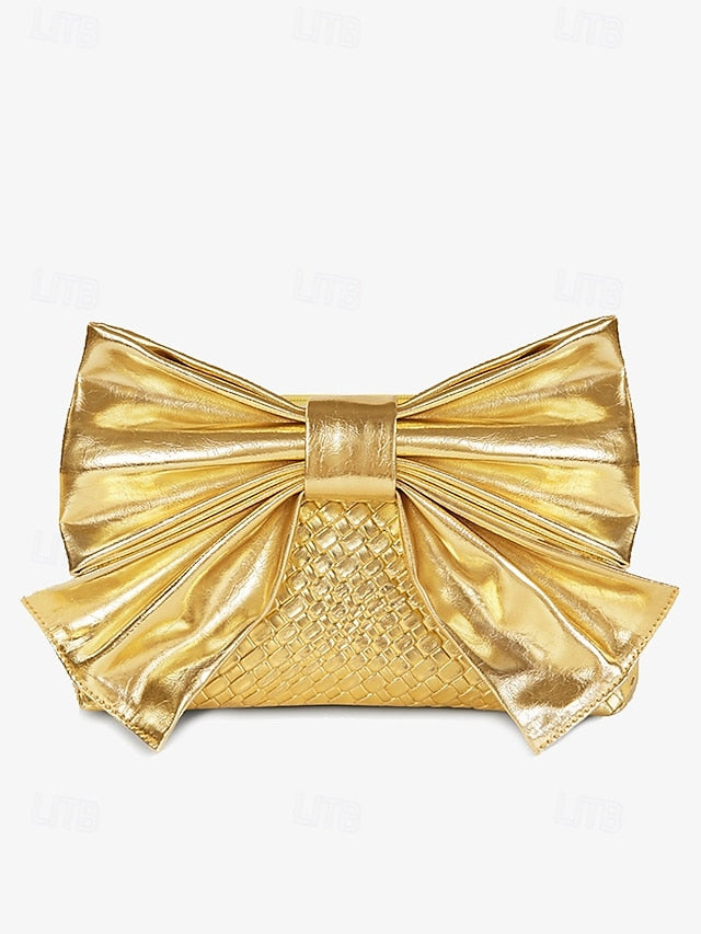 with Faux Leather Clutch Bow Gold Bag Oversized Women's