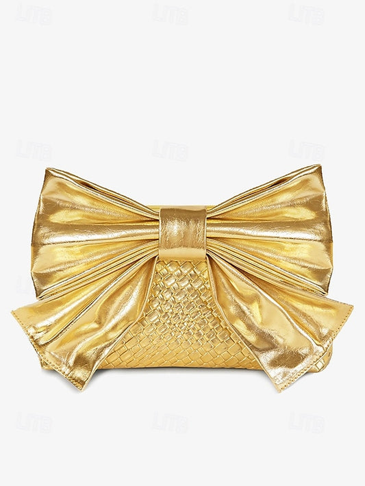 with Faux Leather Clutch Bow Gold Bag Oversized Women's