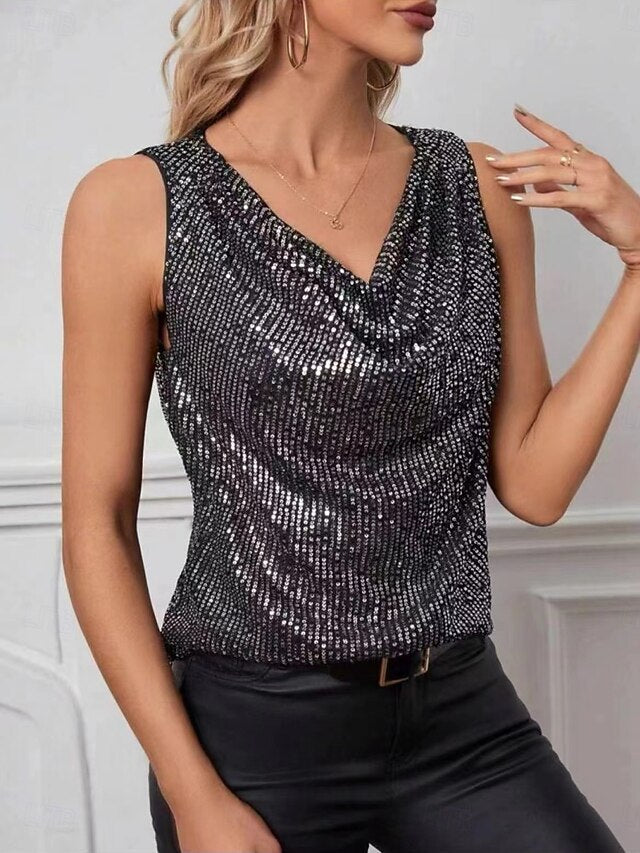 Women's Blouse Sequins Draped Solid Color Stylish