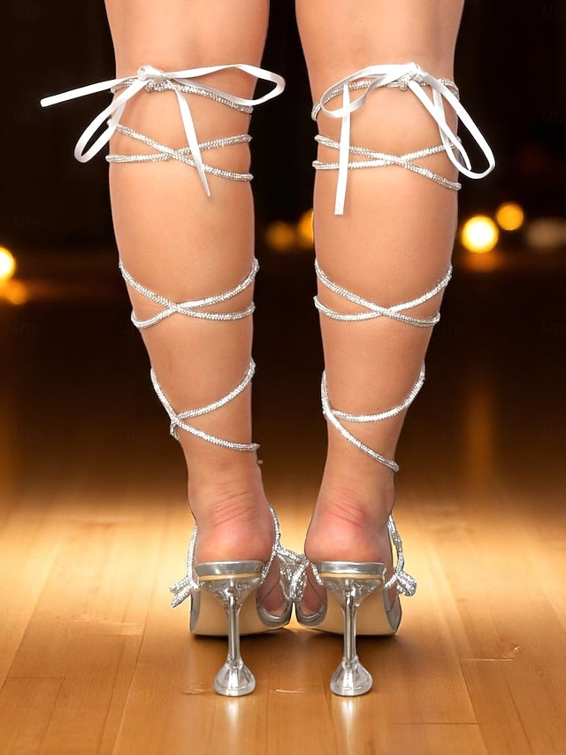 Sandals Silver Glitter Bow Crystal and with Heeled Women's