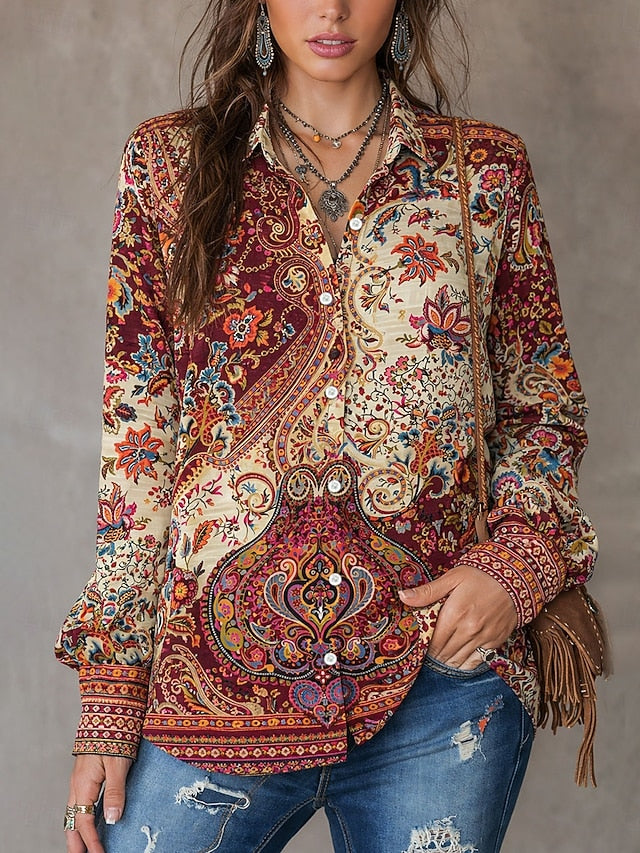 Women's Shirt Buttons Print Graphic Paisley Vintage Stylish