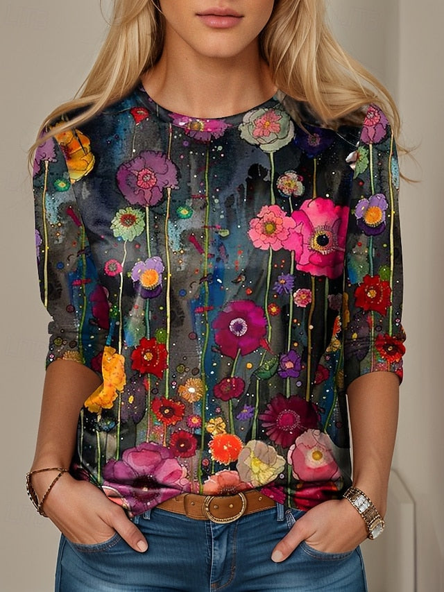 Women's T shirt Crew Neck Long Sleeve Tunic Oil painting