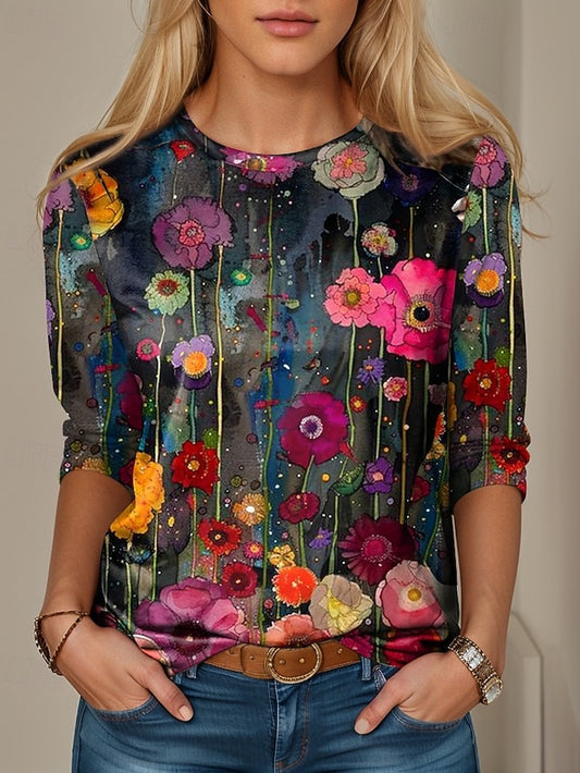 Women's T shirt Crew Neck Long Sleeve Tunic Oil painting