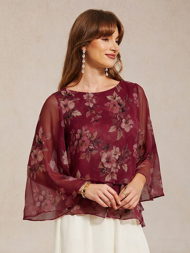 Women's Chiffon Tops Lace up Floral Elegant 3/4 Length