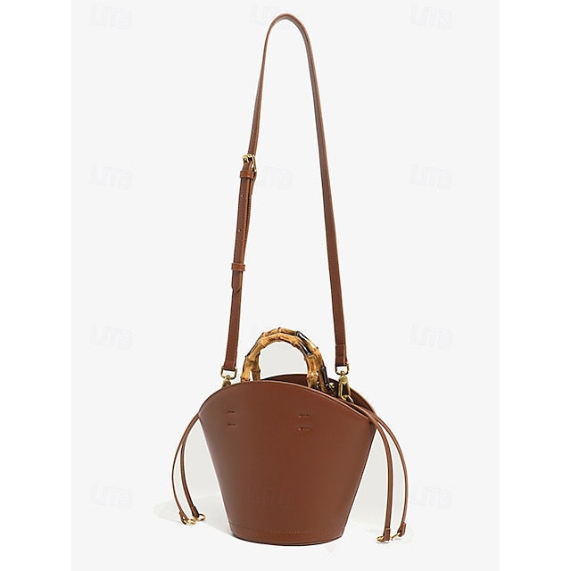 Sac seau en bambou avec anse en cuir pour femme, marron