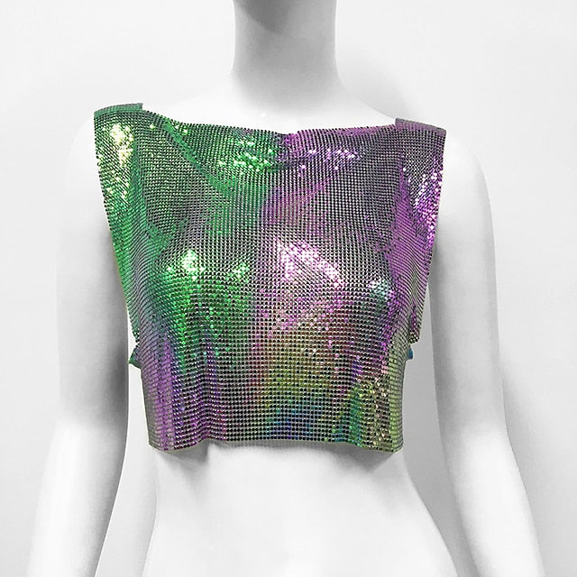 Metallic Sparkle Sexy Crop Tank Top Disco Solid Color Fancy