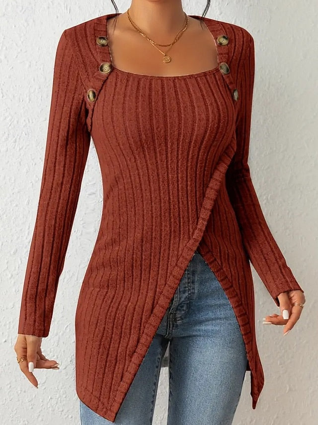 Women's T Shirt Tee Top Buttons Asymmetrical Solid Color