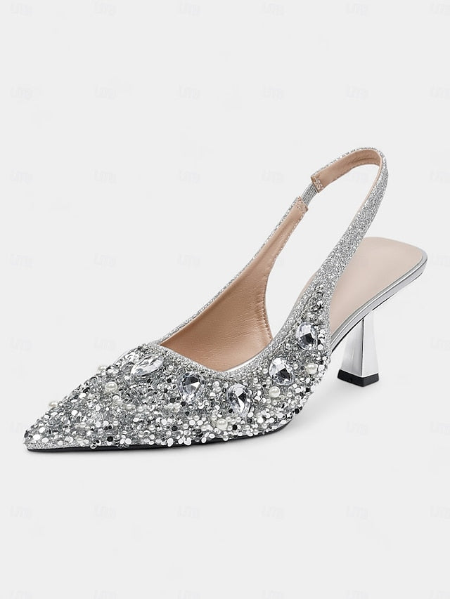 with Slingback Pearl Heels Rhinestone Women's Gold