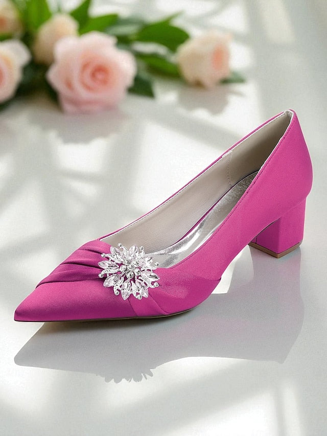 White Block with Women's Pumps Heel Low Crystal