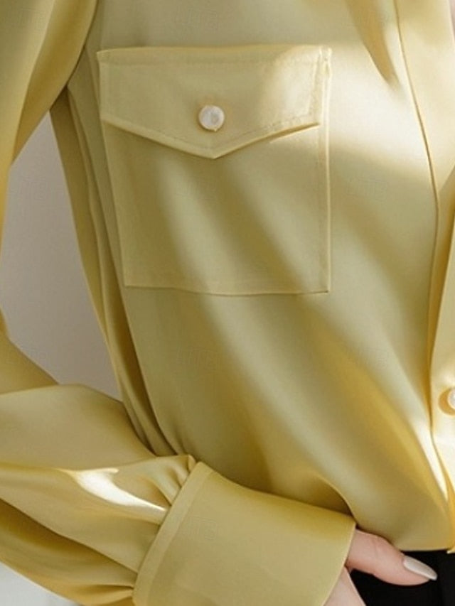 Women's Shirt Elegant Dressy Satin Top Pocket Buttons Plain