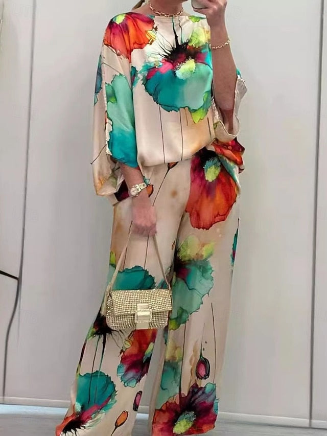 Women's Shirt Blouse Wide Leg Pants Long Sleeve Crew Neck