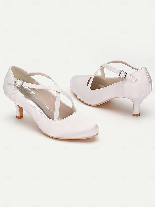 Heels Satin Cross-Strap – Rhinestone White with Elegant Buckle