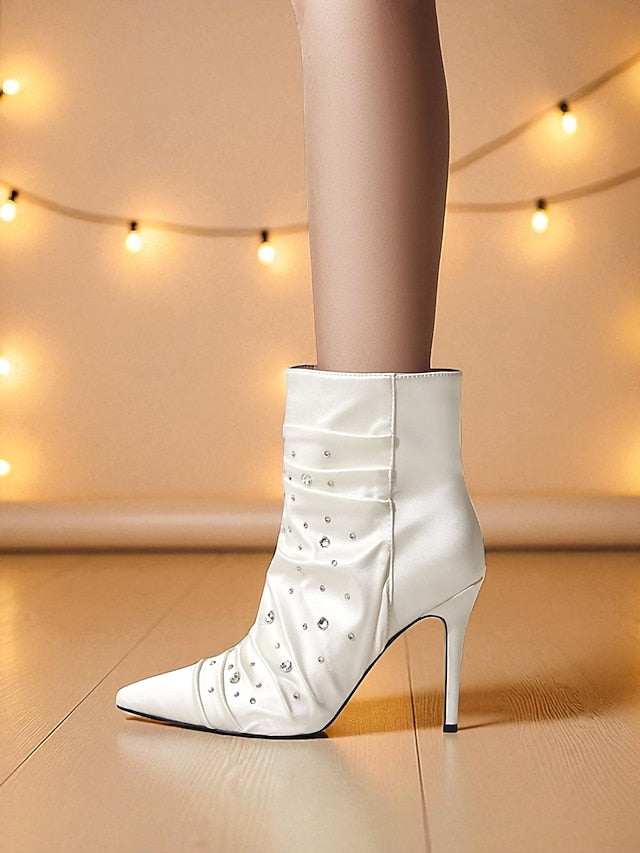 Rhinestone Satin Boots Ankle Women's White with