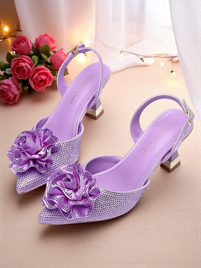 Heels with Slingback Rhinestone Floral Purple Women's