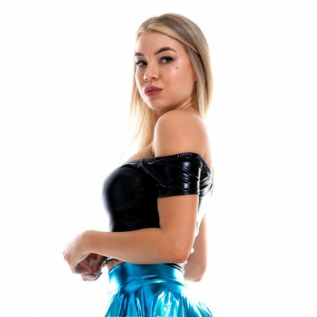 Metallic 1980s Shiny Latex Patent Crop Top PU Leather Off